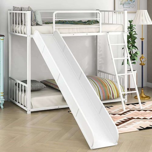 white iron bunk bed with slide