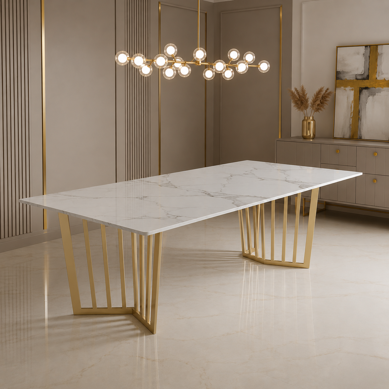 Gold Metal Base Dining Table with White Marble Top