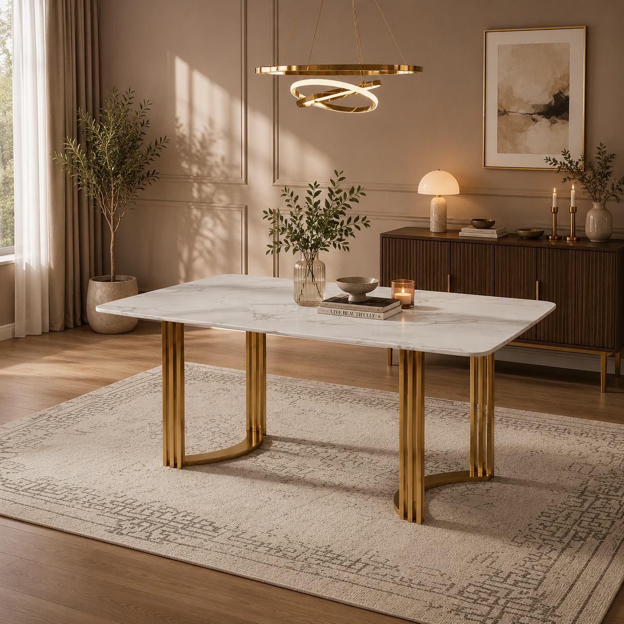 Luxury Opulent Arc White Marble Metal Dining Table , 6 seater