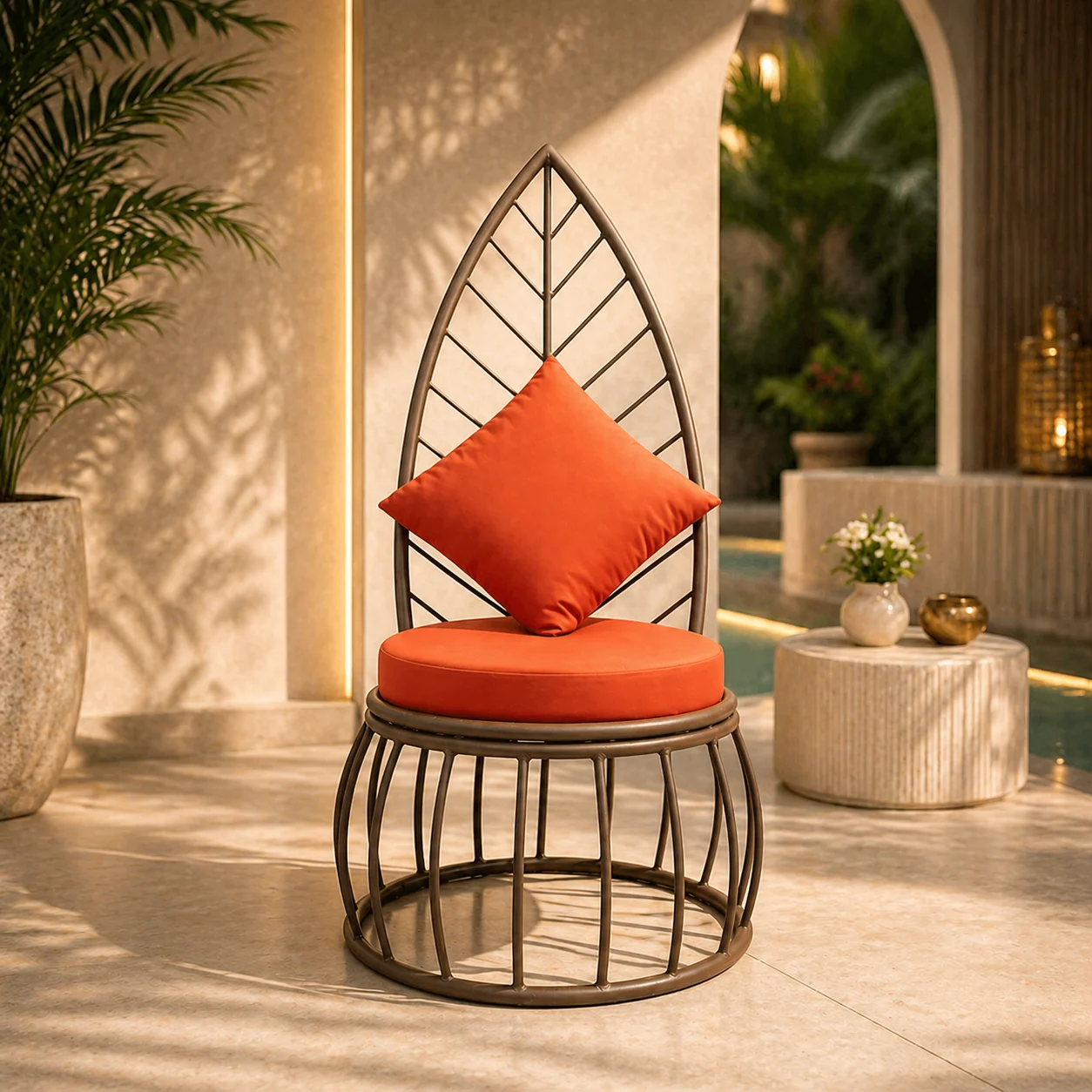 Iron Garden Chair with Orange Cushions
