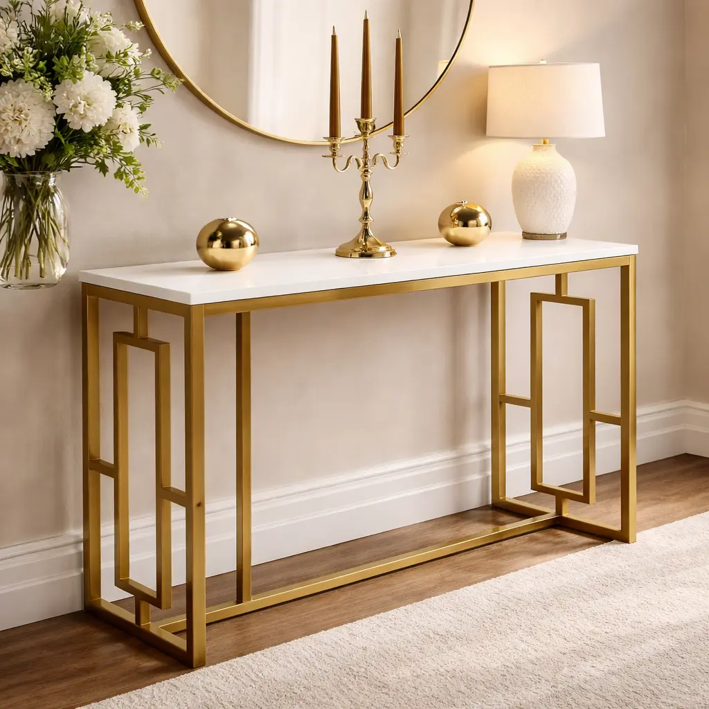 Luxe Gold Iron Frame Console Table with White Top