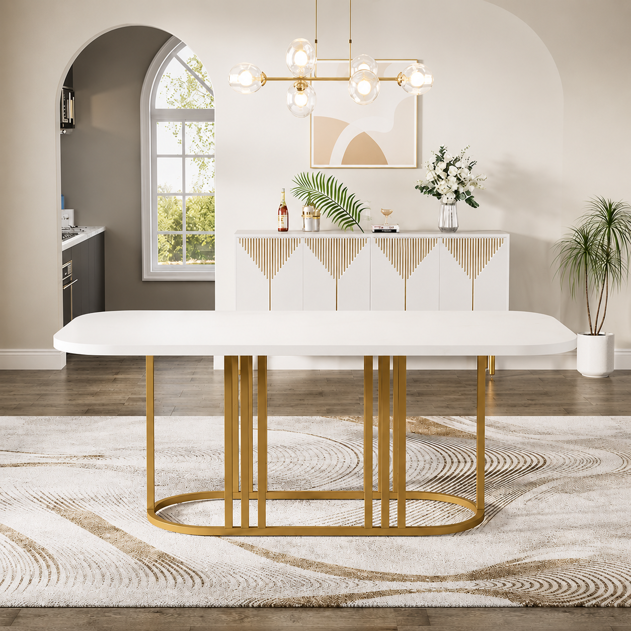 " Imperial Arc White Marble Dining Table with Gold Metal Base"
