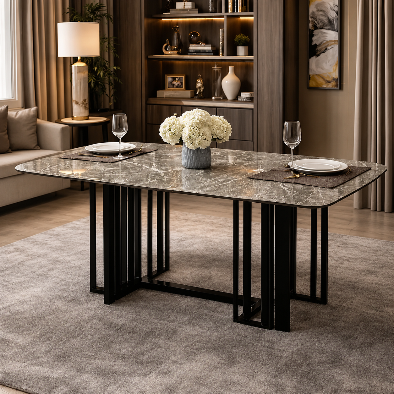 Imperial Edge 3D Grey Marble Dining Table with Metal Base