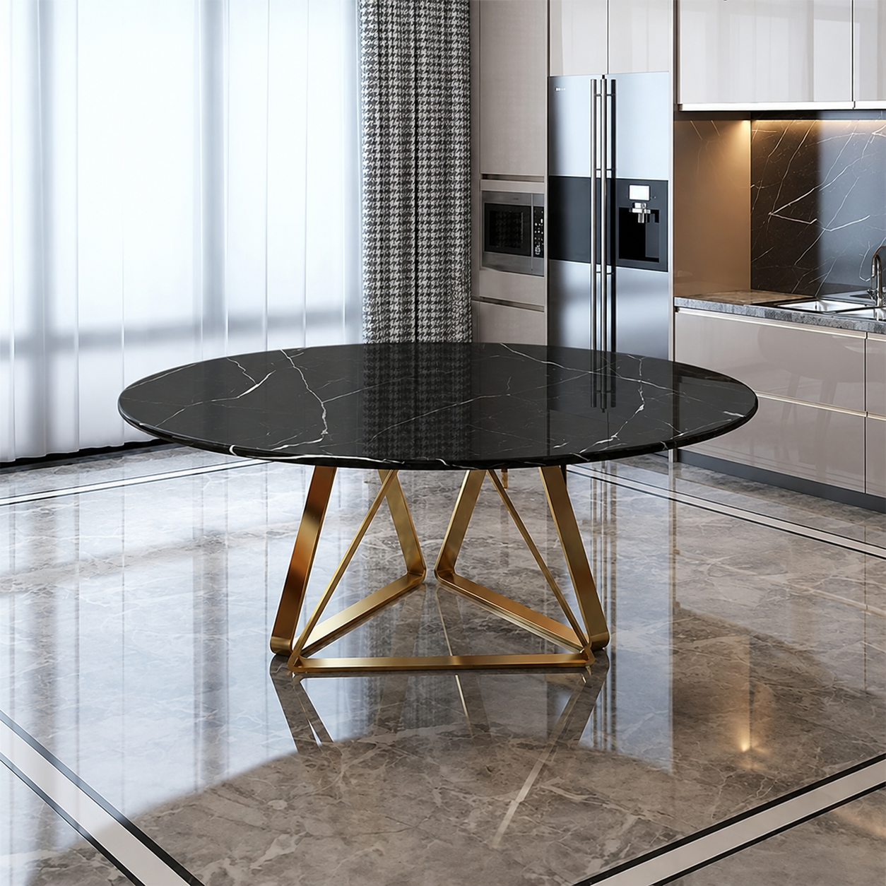 " Black Round Marble Dining Table With Gold Steel Pedestal Base"