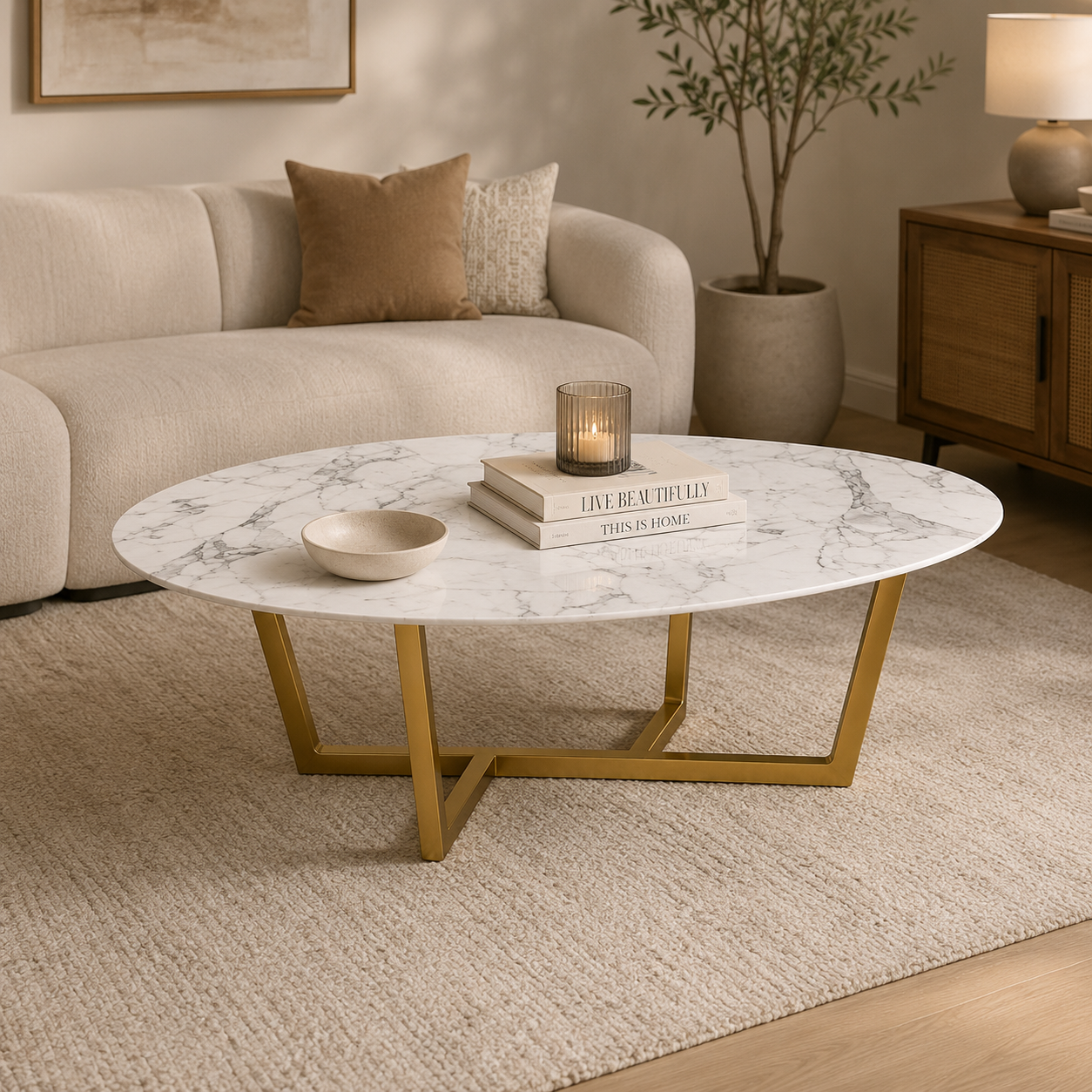 Luxury Oval Marble Coffee Table with Gold Metal Base
