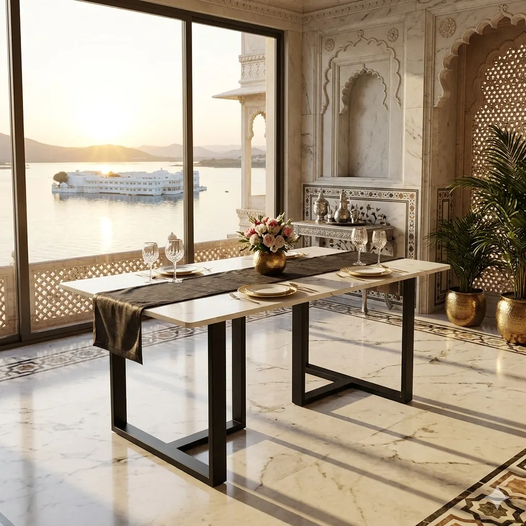 Marble dining table with metal legs