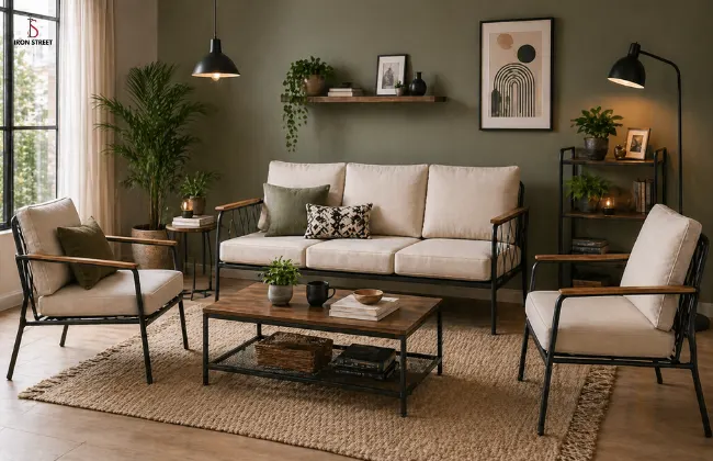 Metal Frame Sofa with Wooden Accents