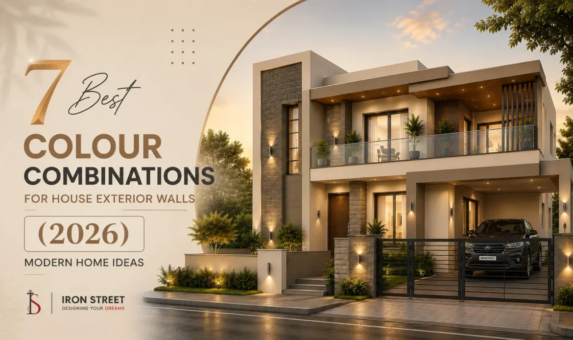 Modern house exterior with warm white and charcoal grey colour combination design for contemporary homes in 2026