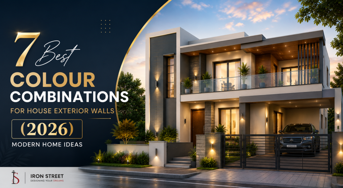 Modern house exterior with warm white and charcoal grey colour combination design for contemporary homes in 2026