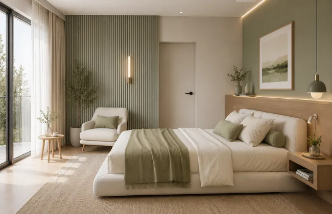 Sage Green + Off-White + Warm Timber colour combination
