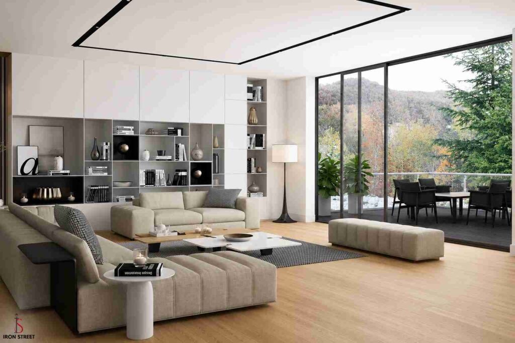 Modern floating shelves and storage unit design for living room organization