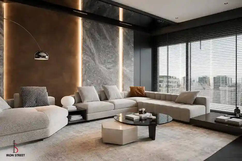 Modular sectional sofa arrangement in a modern living room interior