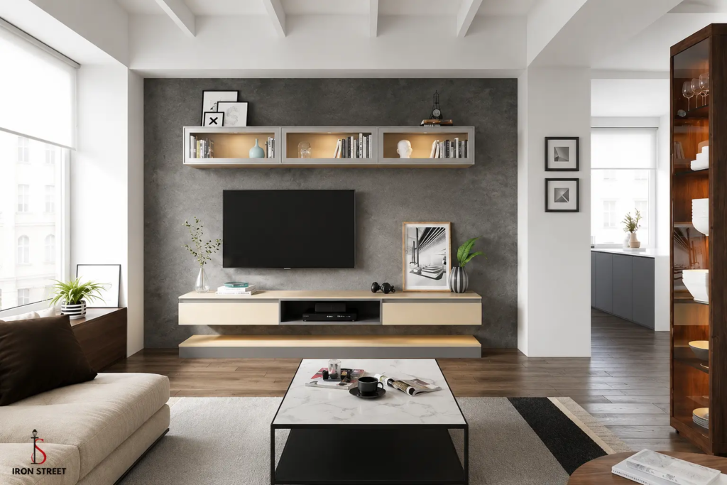 Modern wall-mounted TV unit with integrated storage and clean design