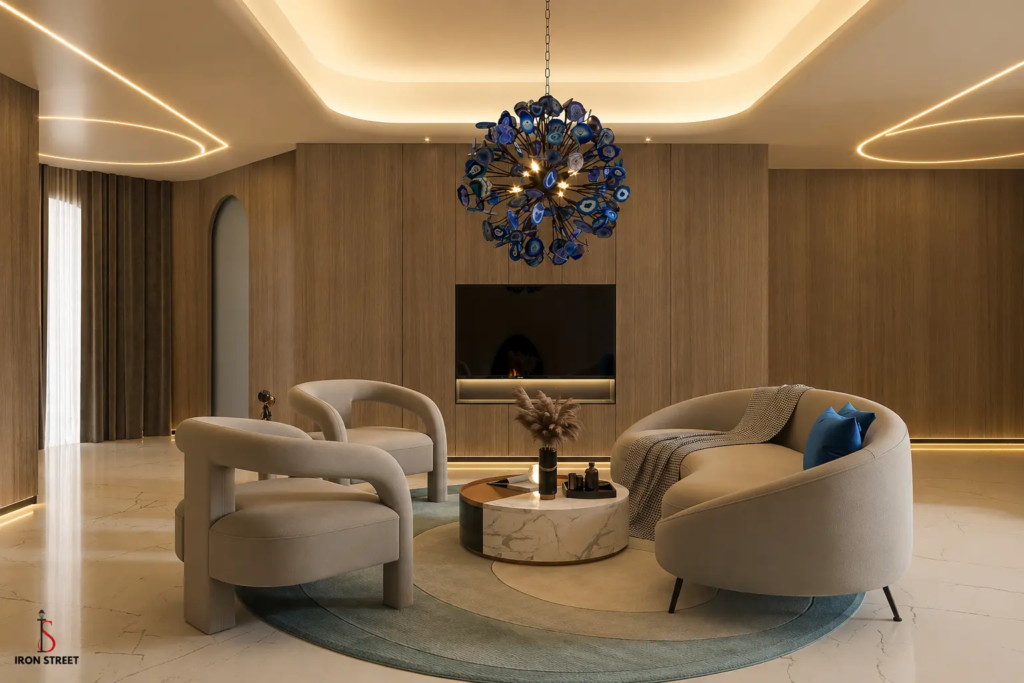 Luxury accent chair and lounge seating in a modern living room setting