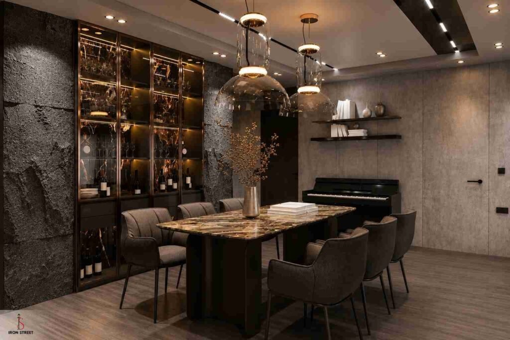 Luxury modern dining table design with marble top and upholstered chairs in a premium dining room