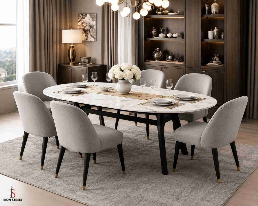 6 seater modern dining table design with marble top for family dining and entertaining