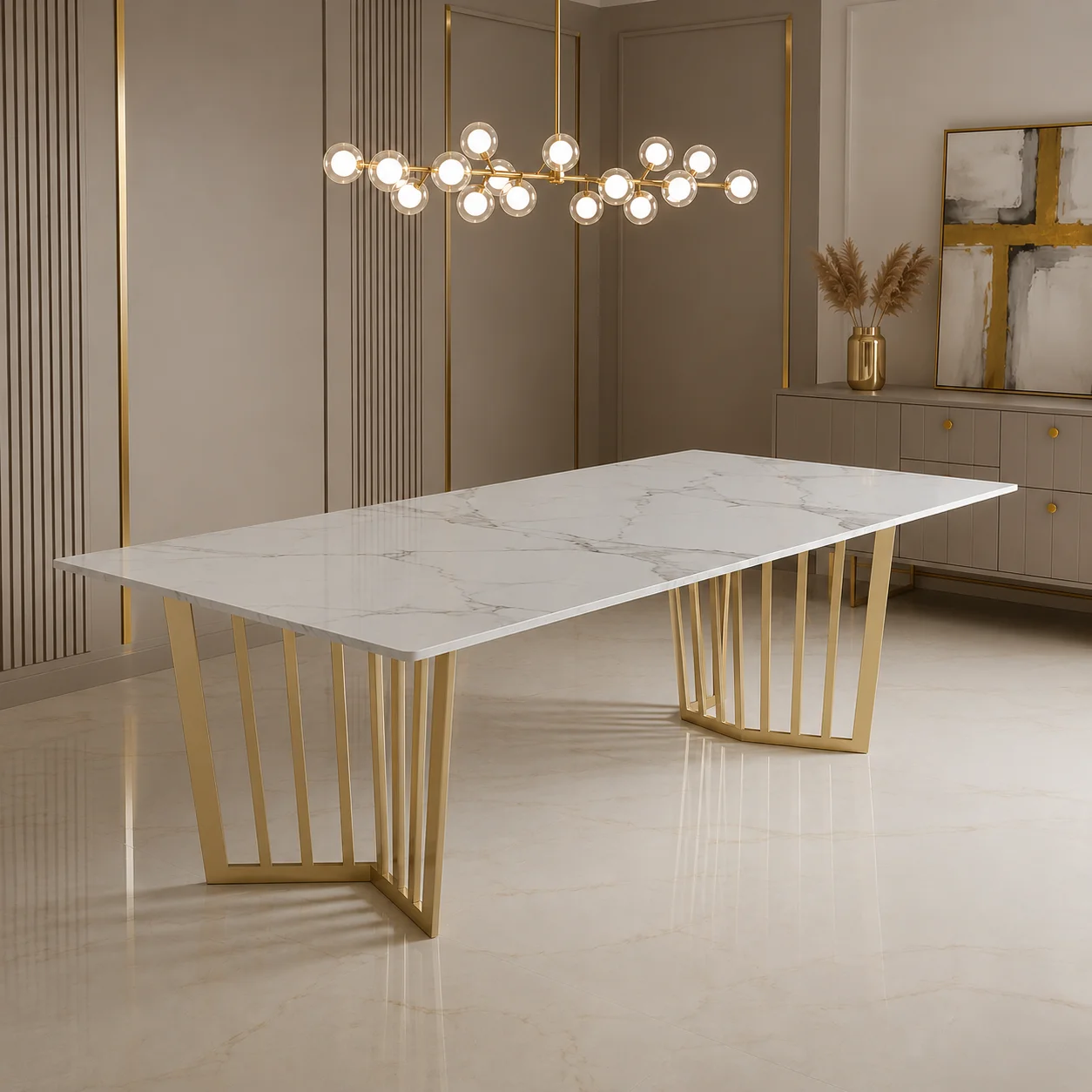 Gold Metal Base Dining Table with White Marble Top