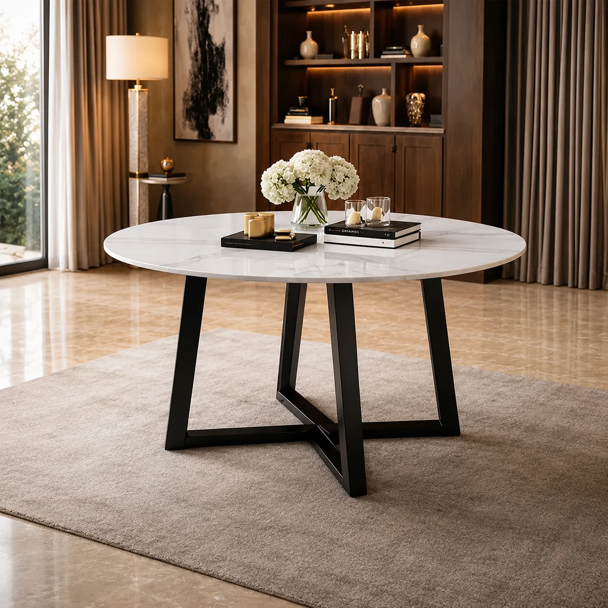 Ivory Curve Modern Marble Dining Table with Iron Base