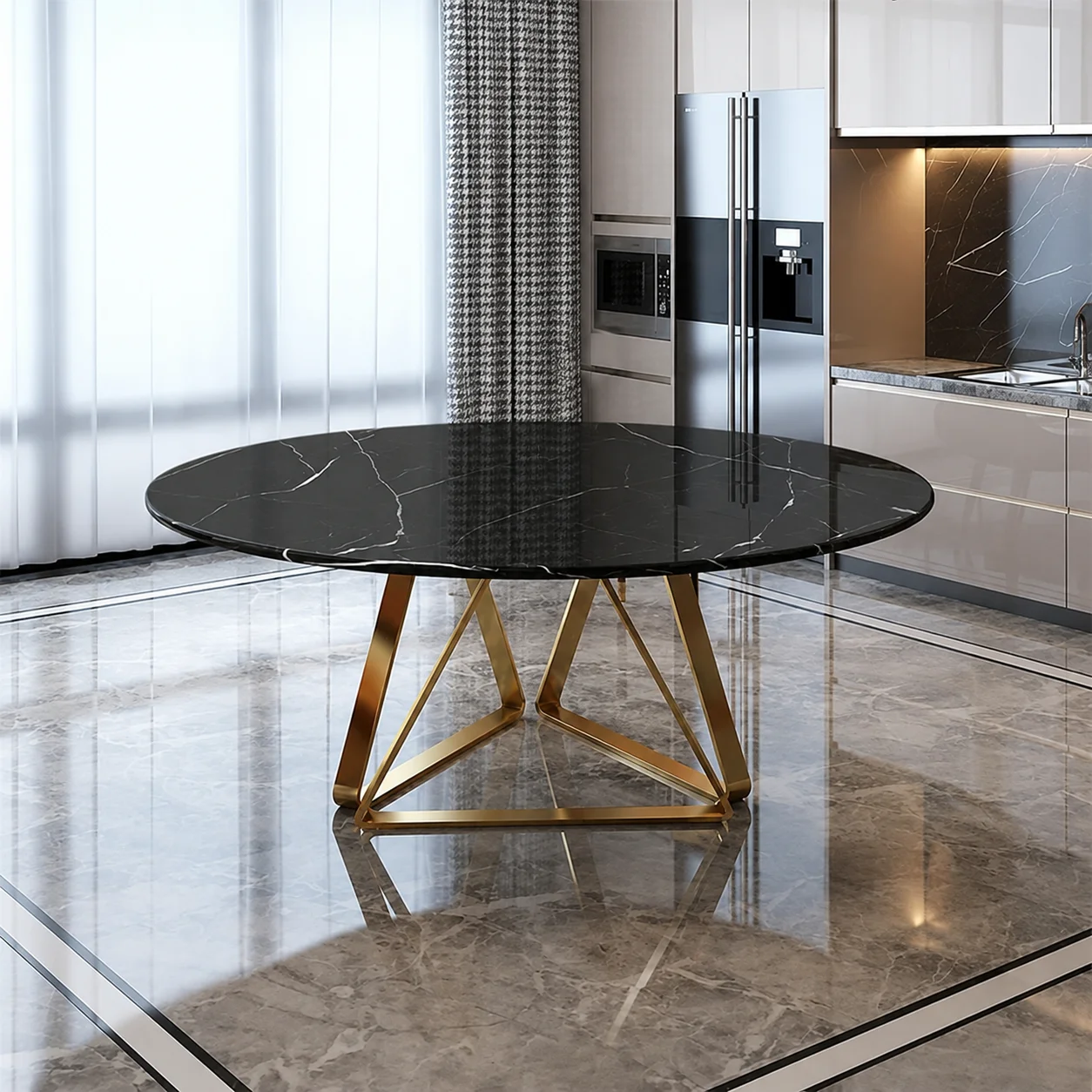 " Black Round Marble Dining Table With Gold Steel Pedestal Base"